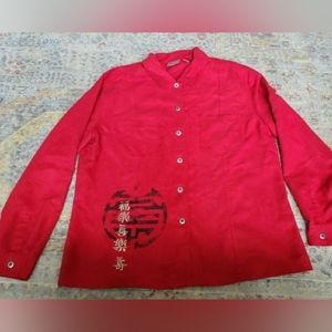Chicos Woman's size 3 (16) dark posey red Asian print embroidery jacket